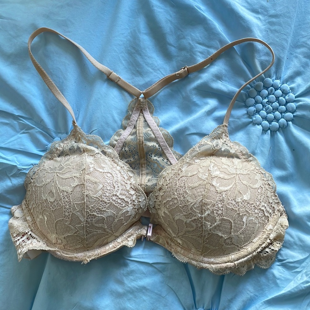 T-back Lacey beige and pink bra. Run slightly smaller